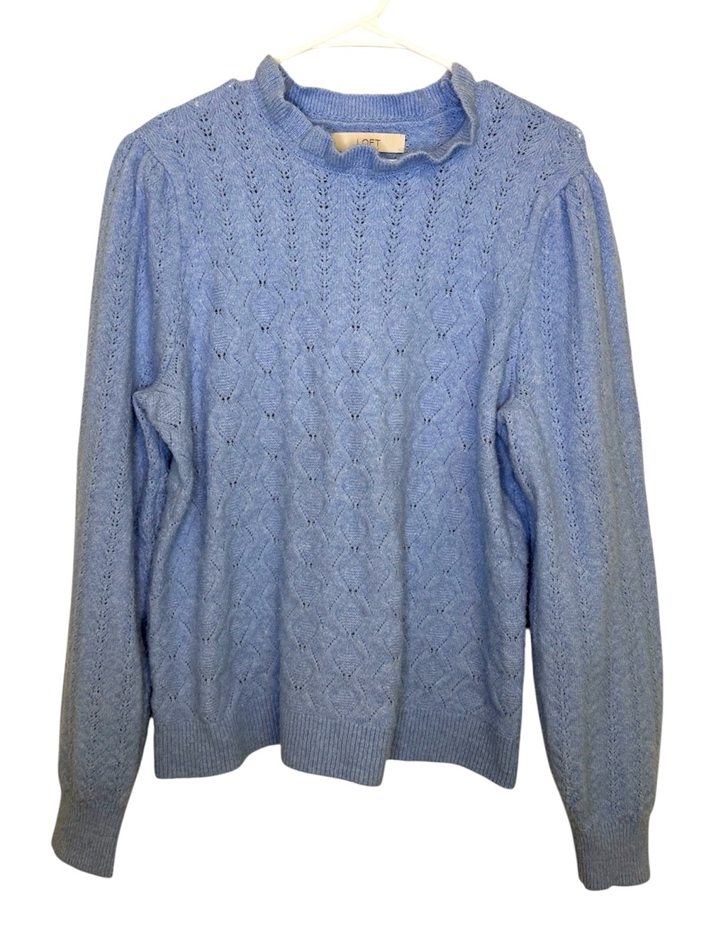 2/$30 LOFT Periwinkle Blue Pointelle Knit Puff Sleeve Sweater Size Large